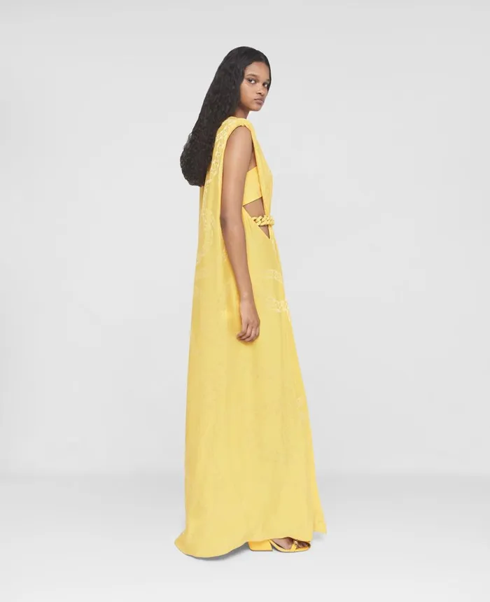 Stella McCartney Falabella Chain Pleat Front Double Satin Maxi Dress Sunflower Yellow Women Dresses