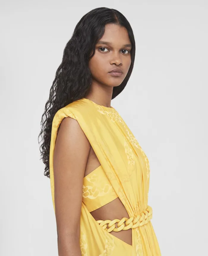Stella McCartney Falabella Chain Pleat Front Double Satin Maxi Dress Sunflower Yellow Women Dresses