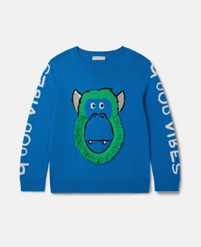 Stella McCartney Fringed Monkey Intarsia Knit Jumper Blue Kids Sweaters and Cardigans Stella McCartney Fringed Monkey Intarsia Knit Jumper Blue Kids Sweaters and Cardigans