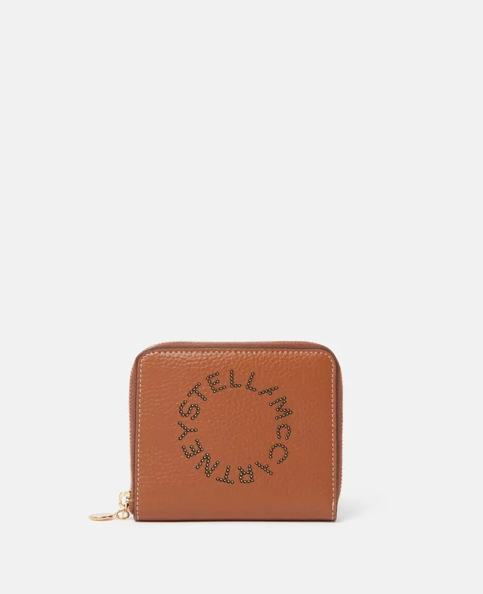 Stella McCartney Stella Logo Grainy Studded Zip Mini Wallet Pecan Women Compact Wallets Stella McCartney Stella Logo Grainy Studded Zip Mini Wallet Pecan Women Compact Wallets