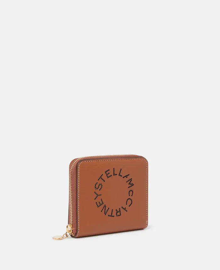 Stella McCartney Stella Logo Grainy Studded Zip Mini Wallet Pecan Women Compact Wallets Stella McCartney Stella Logo Grainy Studded Zip Mini Wallet Pecan Women Compact Wallets
