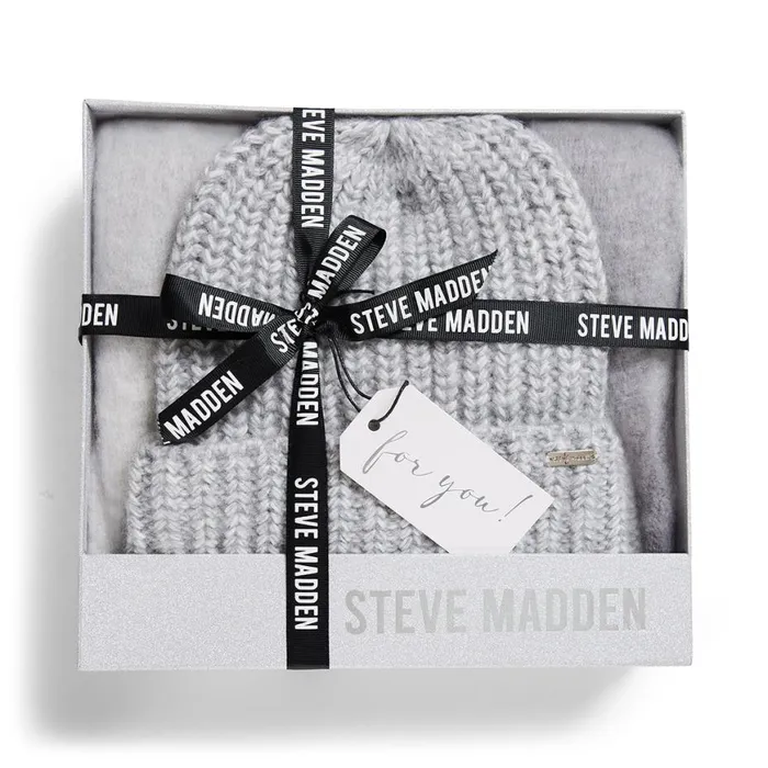 Steve Madden Knit Beanie andAmp Scarf Box Set Grey Multi Womens Hats Scarves and Gloves Steve Madden Knit Beanie andAmp Scarf Box Set Grey Multi Womens Hats Scarves and Gloves