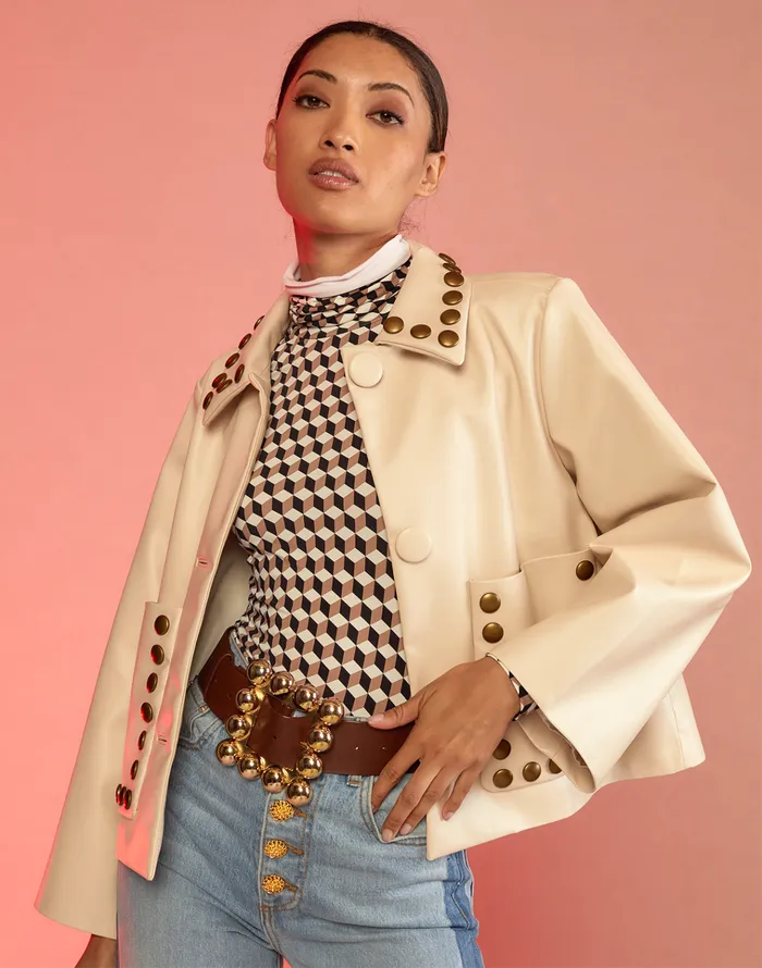 Studded Vegan Leather Jacket 8211 Cream Women Cynthia Rowley Jackets and Coats Studded Vegan Leather Jacket 8211 Cream Women Cynthia Rowley Jackets and Coats