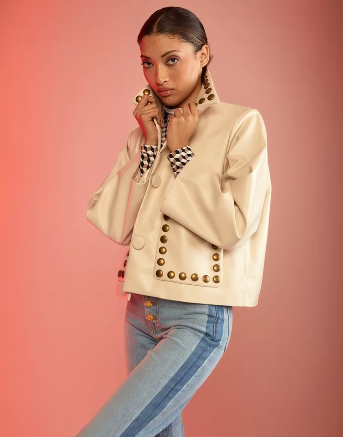 Studded Vegan Leather Jacket 8211 Cream Women Cynthia Rowley Jackets and Coats