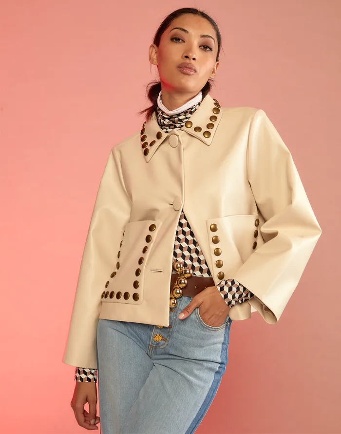 Studded Vegan Leather Jacket 8211 Cream Women Cynthia Rowley Jackets and Coats