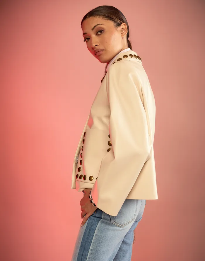 Studded Vegan Leather Jacket 8211 Cream Women Cynthia Rowley Jackets and Coats