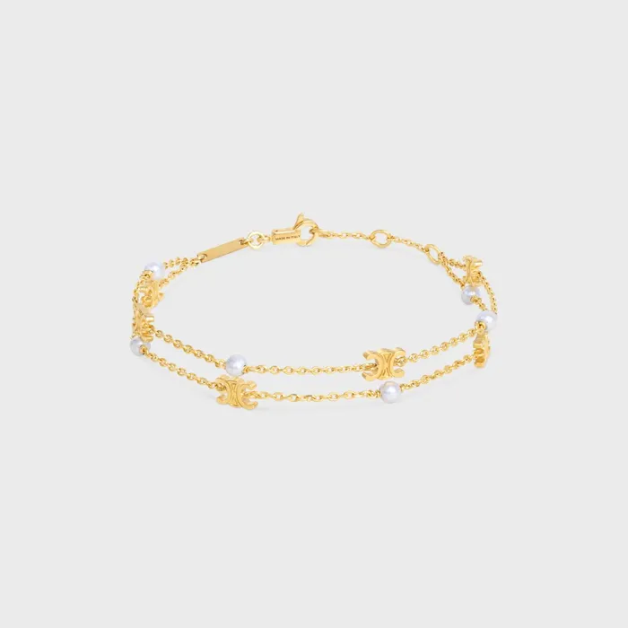 Triomphe Pearl Double Bracelet In Brass With Gold Finish And Resin Pearls Gold Ivory Women CELINE TRIOMPHE Triomphe Pearl Double Bracelet In Brass With Gold Finish And Resin Pearls Gold Ivory Women CELINE TRIOMPHE