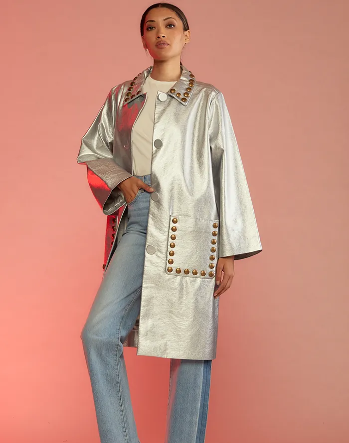 Vegan Studded Leather Coat 8211 Silver Women Cynthia Rowley Jackets and Coats