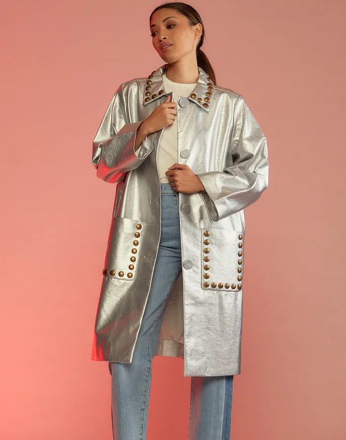 Vegan Studded Leather Coat 8211 Silver Women Cynthia Rowley Jackets and Coats