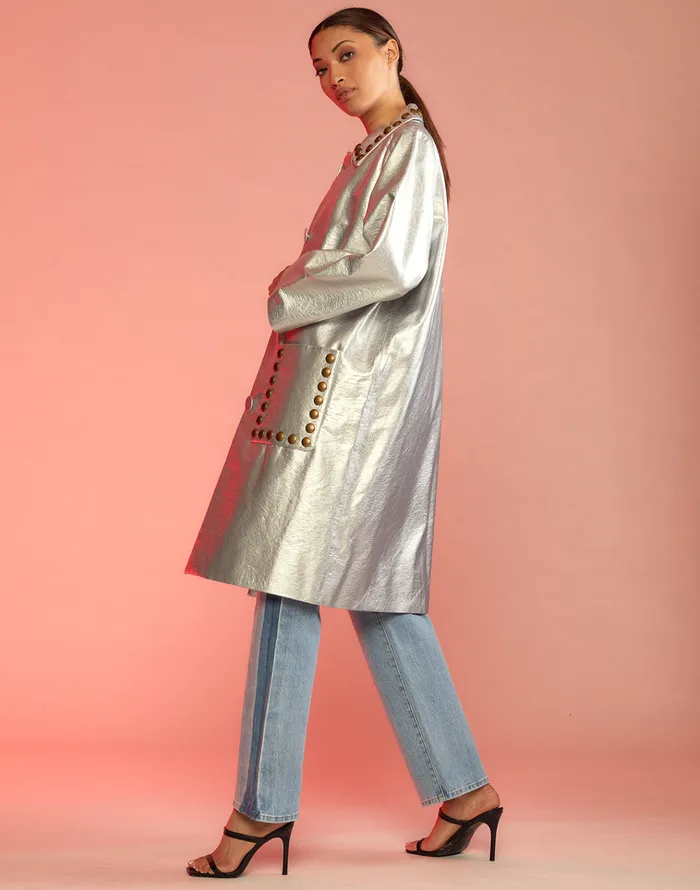 Vegan Studded Leather Coat 8211 Silver Women Cynthia Rowley Jackets and Coats