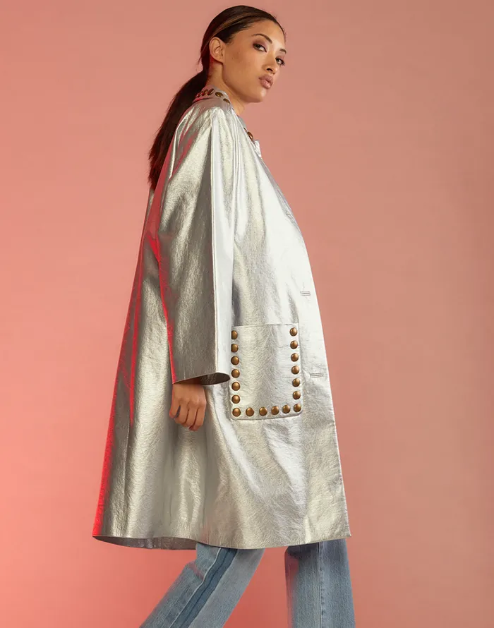 Vegan Studded Leather Coat 8211 Silver Women Cynthia Rowley Jackets and Coats
