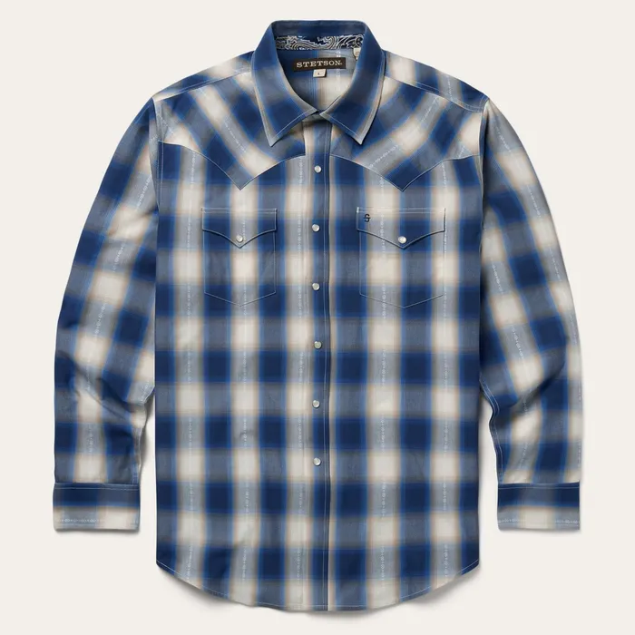 Western Shirts Men Stetson Blue Ombre Plaid Western Shirt Blue