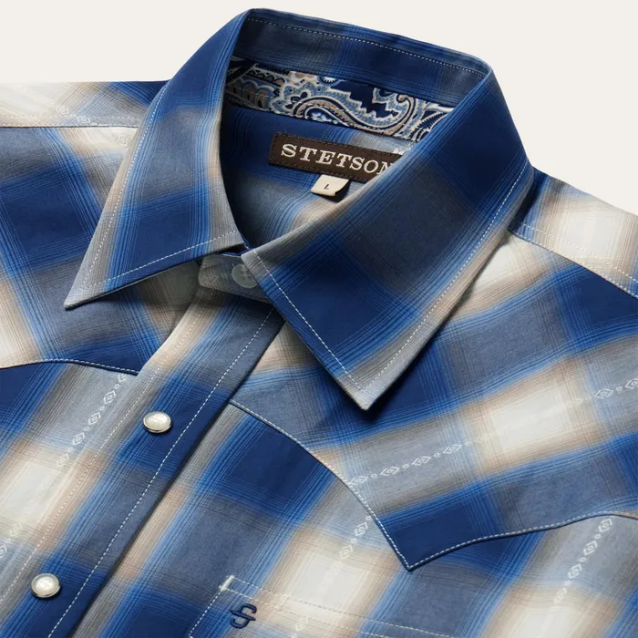 Western Shirts Men Stetson Blue Ombre Plaid Western Shirt Blue