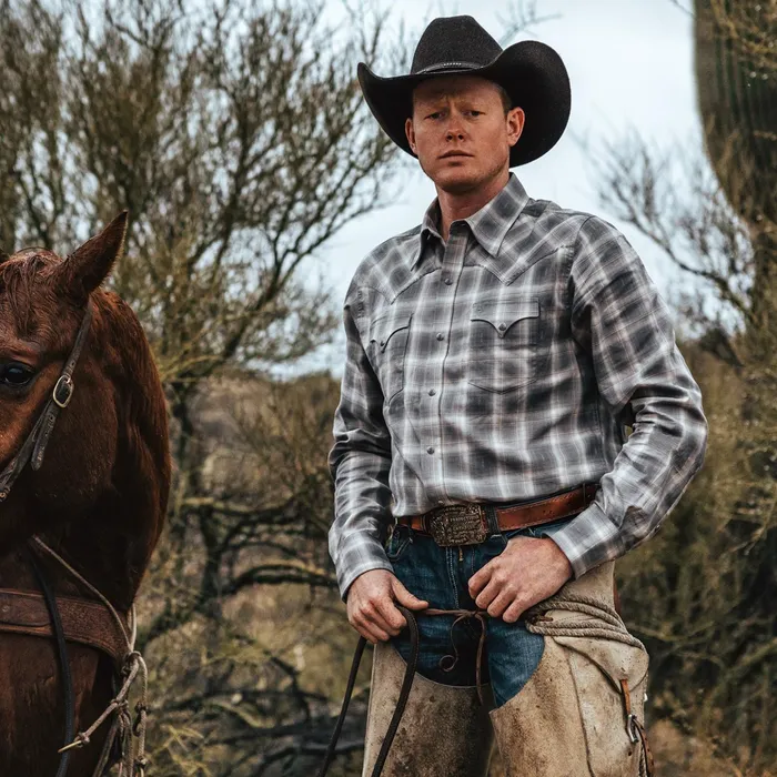 Western Shirts Men Stetson Dobby Twill Plaid Shirt Brown
