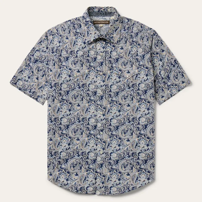 Western Shirts Men Stetson Greenspring Paisley Short Sleeve Western Shirt Blue Western Shirts Men Stetson Greenspring Paisley Short Sleeve Western Shirt Blue