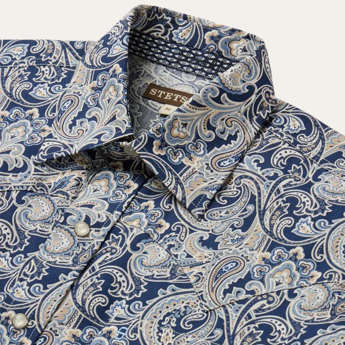 Western Shirts Men Stetson Greenspring Paisley Short Sleeve Western Shirt Blue