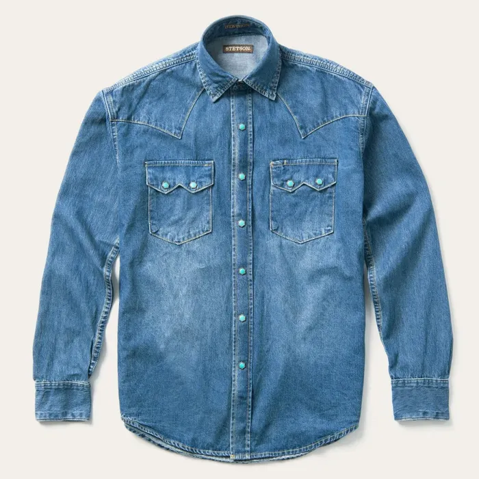 Western Shirts Men Stetson Turquoise Snap Western Denim Shirt Blue