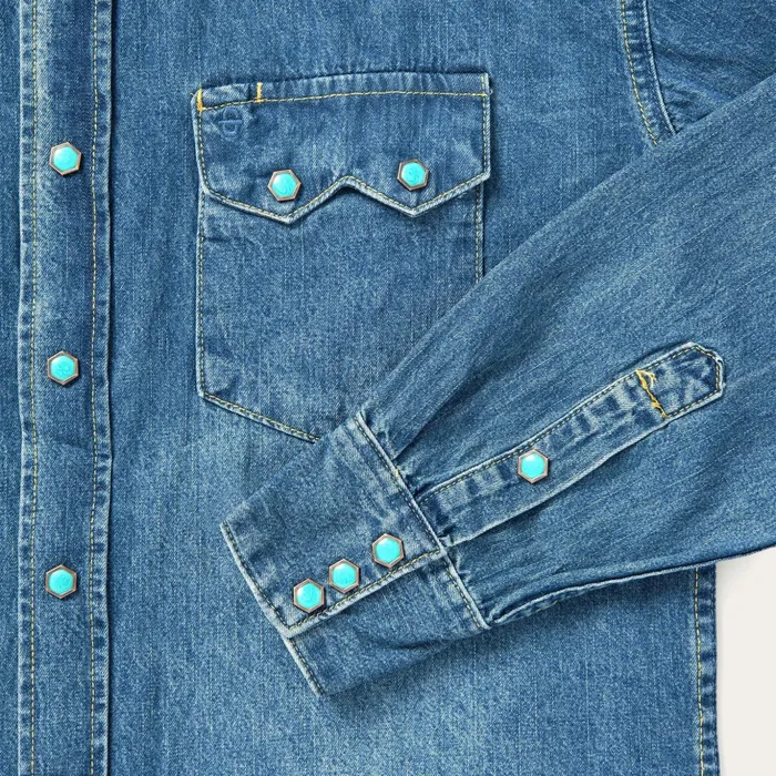 Western Shirts Men Stetson Turquoise Snap Western Denim Shirt Blue