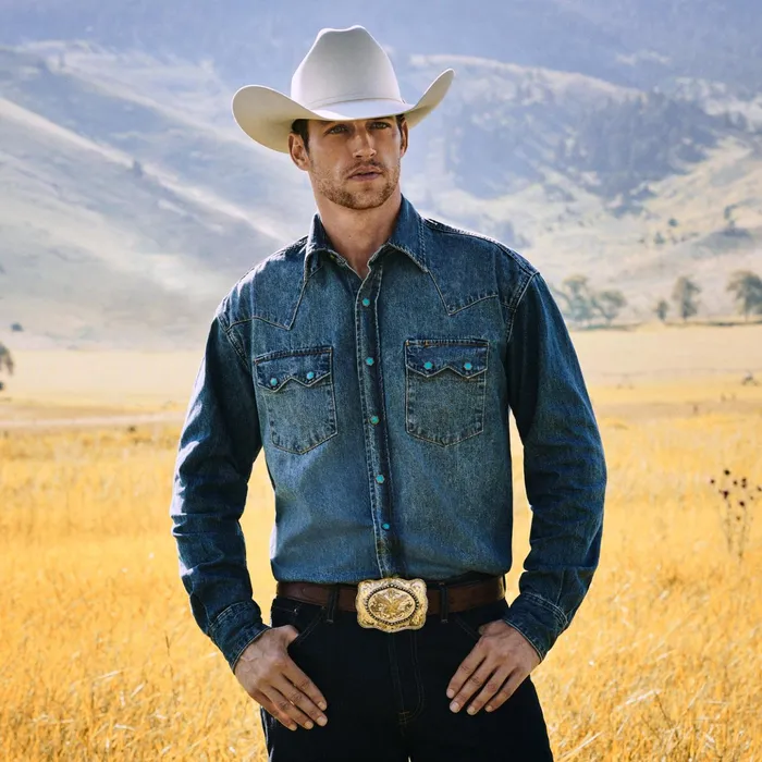 Western Shirts Men Stetson Turquoise Snap Western Denim Shirt Blue