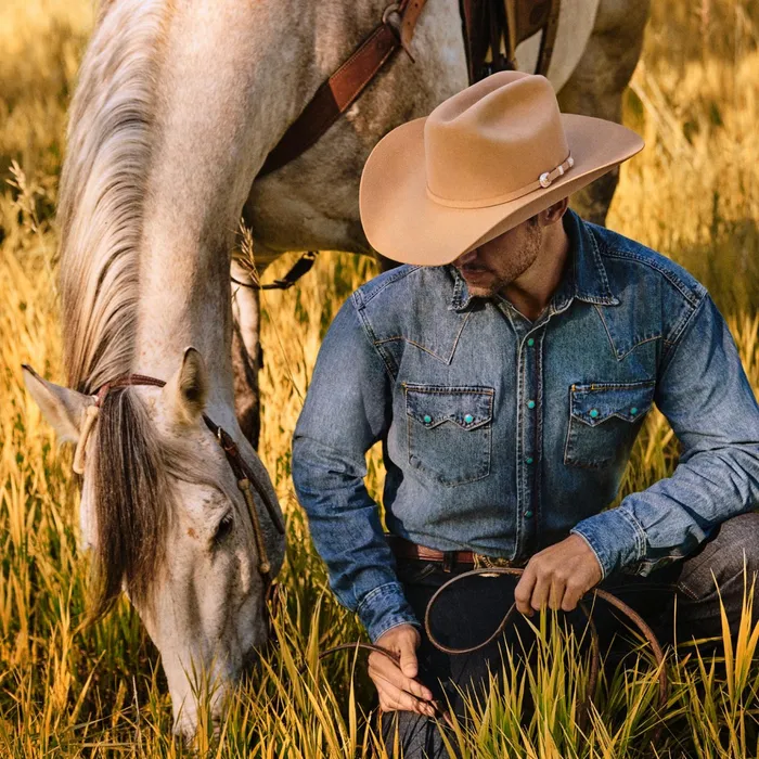 Western Shirts Men Stetson Turquoise Snap Western Denim Shirt Blue