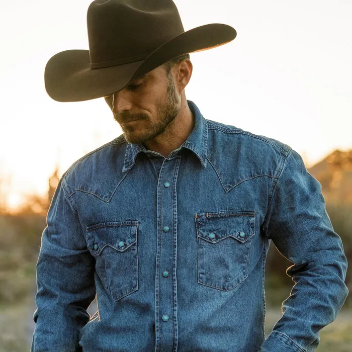Western Shirts Men Stetson Turquoise Snap Western Denim Shirt Blue