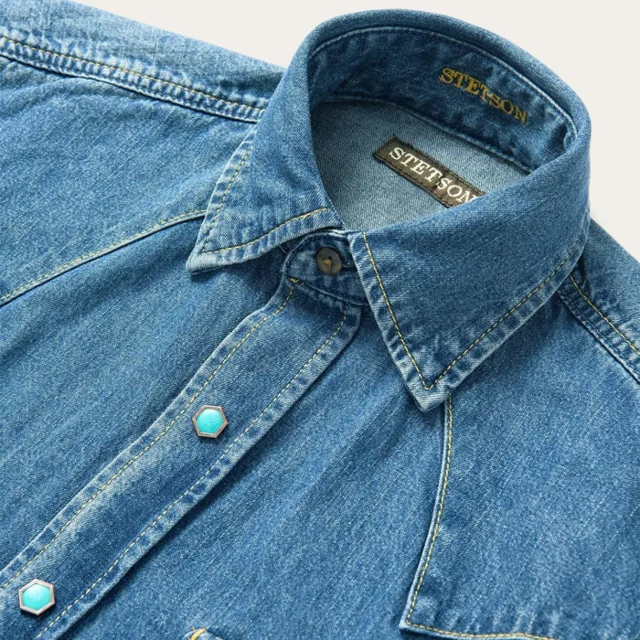 Western Shirts Men Stetson Turquoise Snap Western Denim Shirt Blue