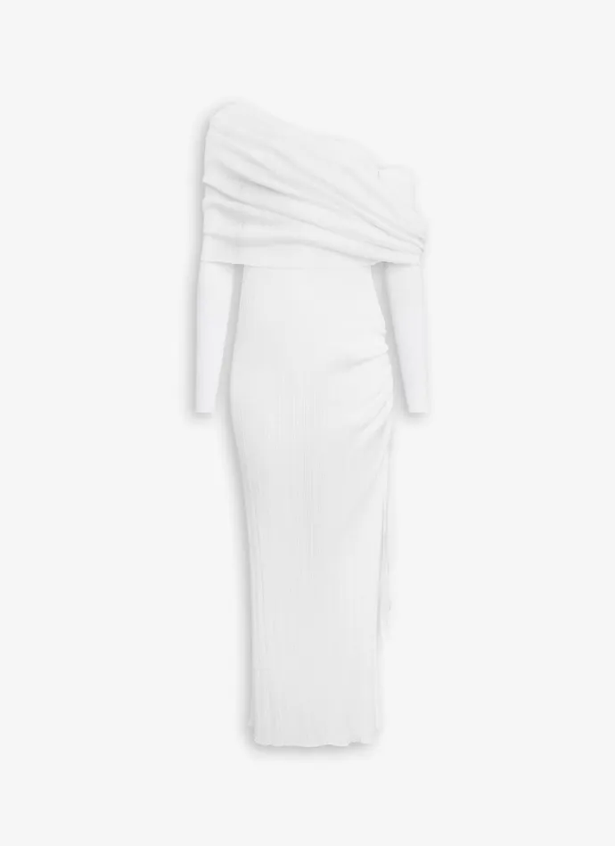 White DRAPED OFF SHOULDER DRESS IN PLEATED KNIT Women Alaa Dresses