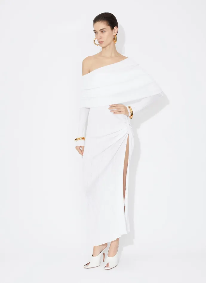 White DRAPED OFF SHOULDER DRESS IN PLEATED KNIT Women Alaa Dresses