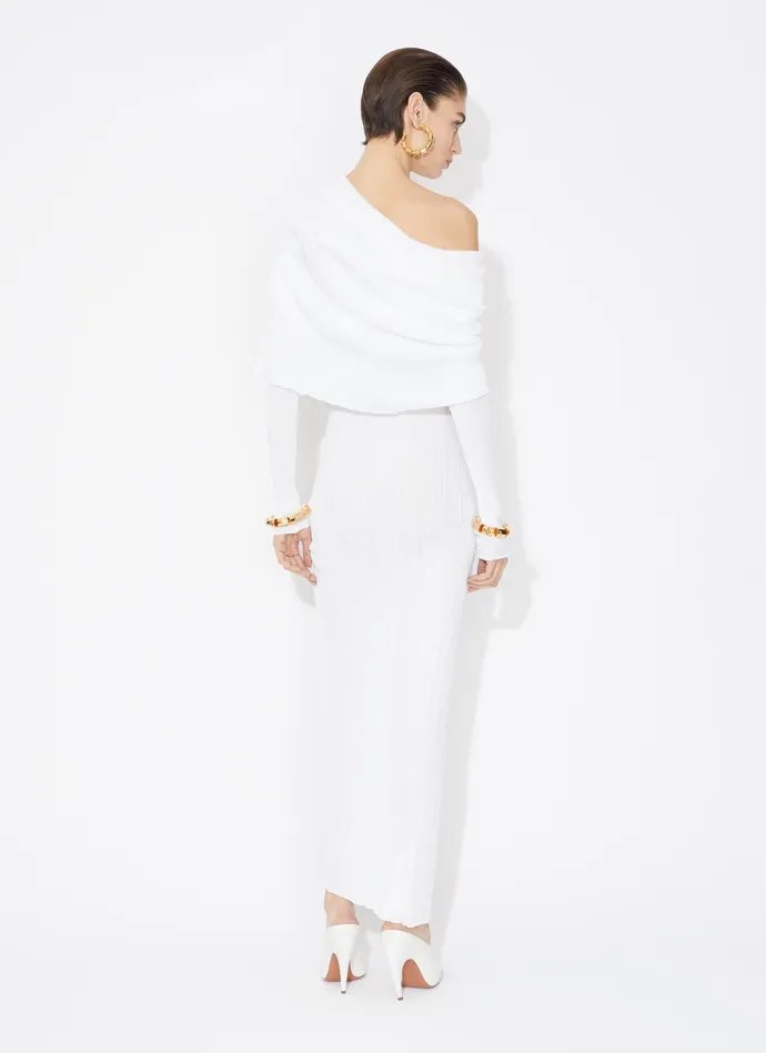 White DRAPED OFF SHOULDER DRESS IN PLEATED KNIT Women Alaa Dresses