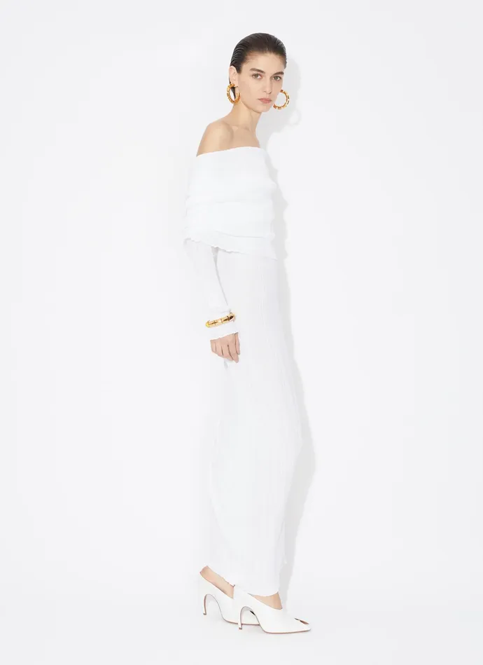 White DRAPED OFF SHOULDER DRESS IN PLEATED KNIT Women Alaa Dresses