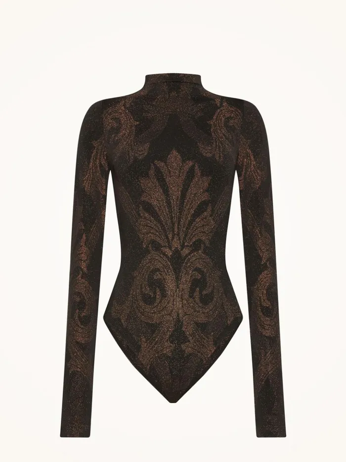 Wolford Metallic Jacquard Body Blackcopper Women Longsleeve Bodies
