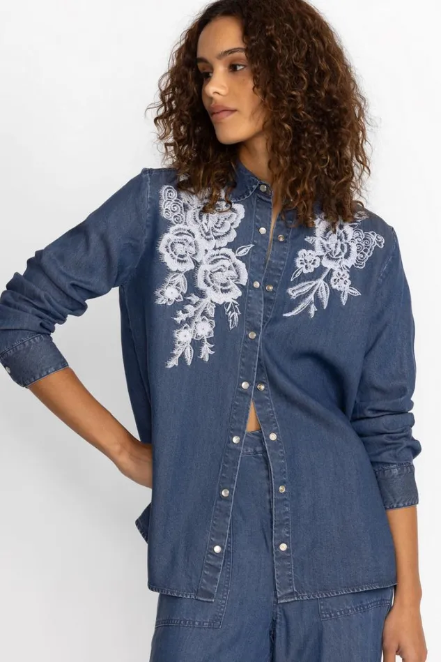 Women ALICENT DENIM BUTTON DOWN SHIRT Denim Blue Johnny Was Tops