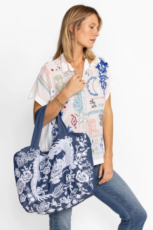 Women ALICENT DENIM TOTE BAG Denim Blue Johnny Was Handbags Women ALICENT DENIM TOTE BAG Denim Blue Johnny Was Handbags