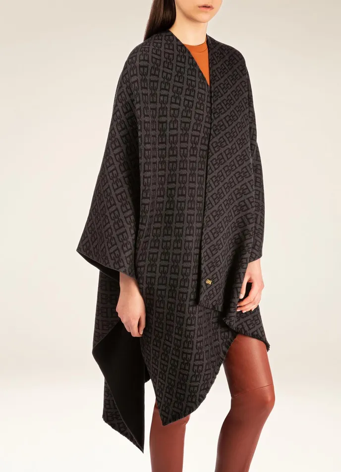Women Bally Scarves BChain Poncho 8211 Virgin Wool Accessory In Grey and Black