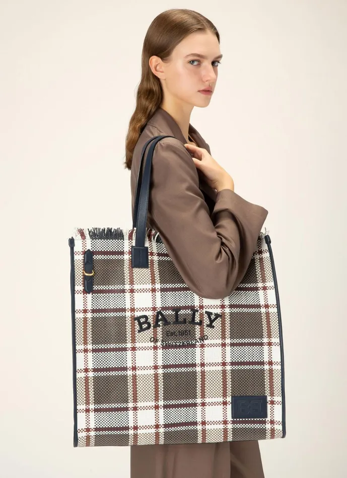 Women Bally Tote Bags Crystalia XL 8211 Leather Tote In Taupe and Midnight