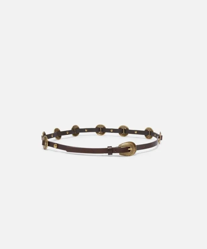 Women Belts Pinko Thin Belt With Engraved Metal Plates 1cm Dark Brownbrass Women Belts Pinko Thin Belt With Engraved Metal Plates 1cm Dark Brownbrass