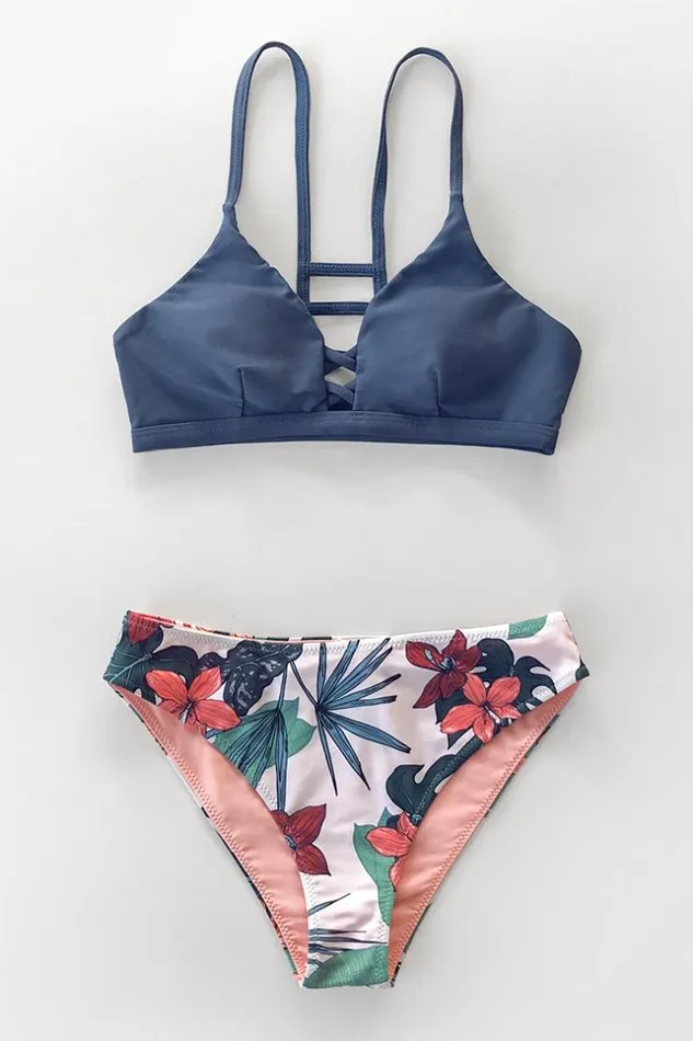 Women Bikini Sets Cupshe Navy And Floral Strappy Bikini Set Multicolor