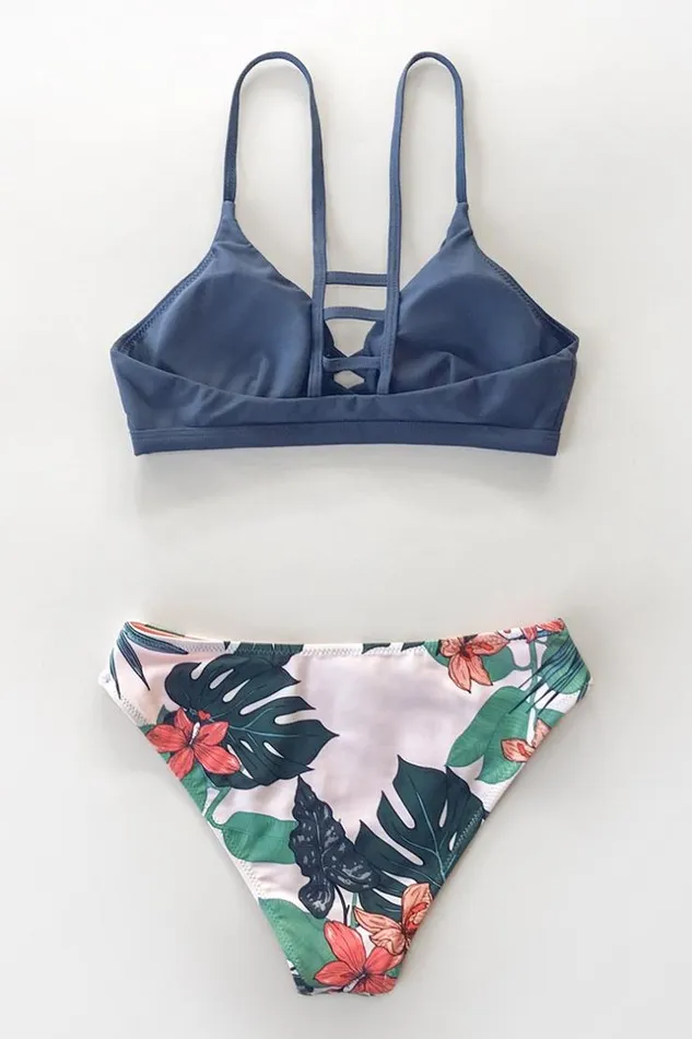 Women Bikini Sets Cupshe Navy And Floral Strappy Bikini Set Multicolor