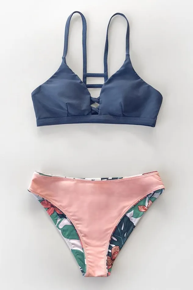 Women Bikini Sets Cupshe Navy And Floral Strappy Bikini Set Multicolor
