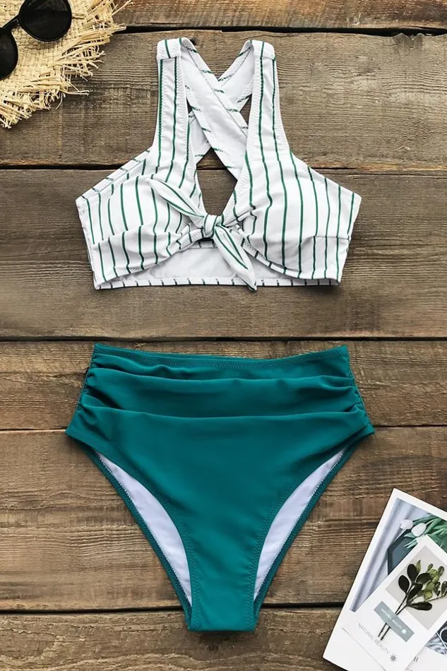 Women Bikini Sets Cupshe Teal Solid And Striped High Waisted Bikini Tealwhite