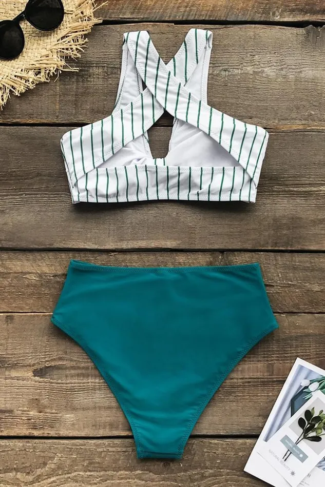 Women Bikini Sets Cupshe Teal Solid And Striped High Waisted Bikini Tealwhite