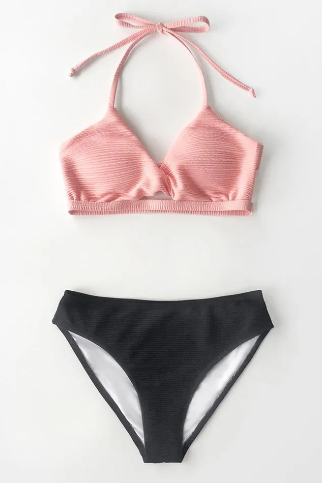 Women Bikini Sets Cupshe Textured Pink And Navy Halter Bikini Pinknavy
