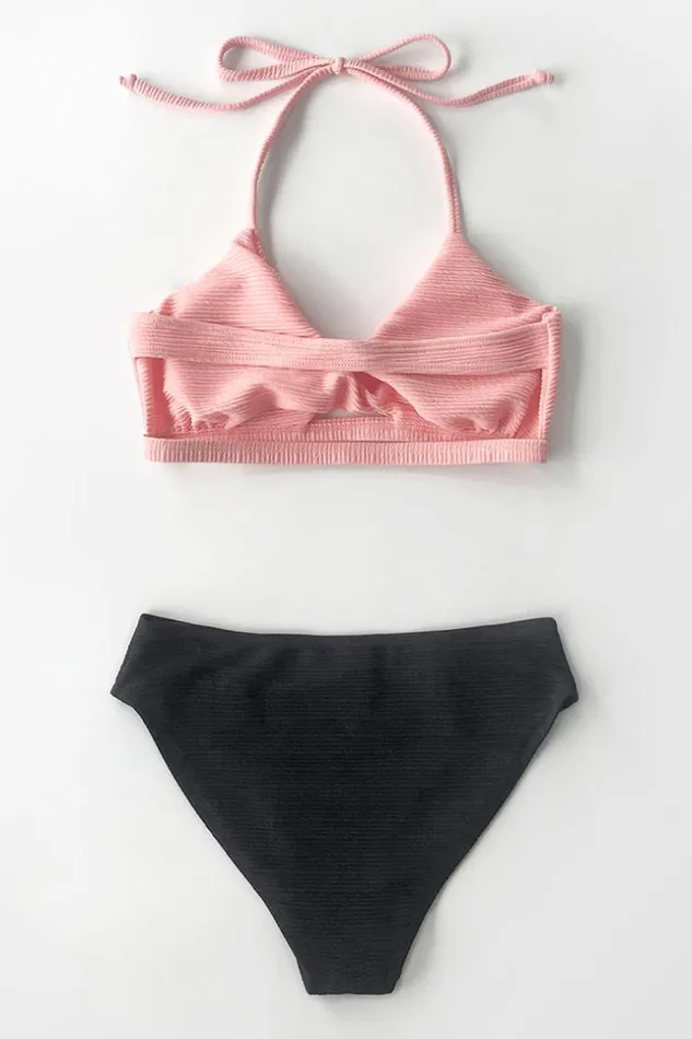 Women Bikini Sets Cupshe Textured Pink And Navy Halter Bikini Pinknavy
