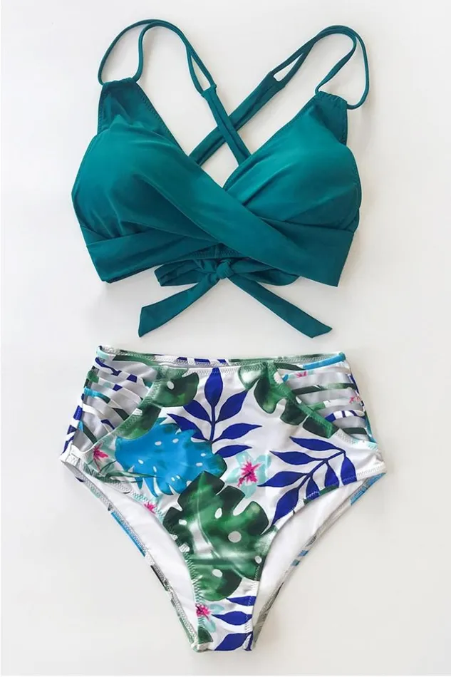 Women Bikini Sets Cupshe Tropical Palms TwistFront High Waisted Bikini Multicolor