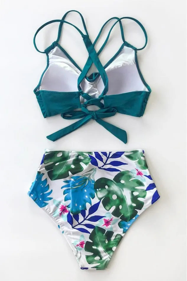 Women Bikini Sets Cupshe Tropical Palms TwistFront High Waisted Bikini Multicolor