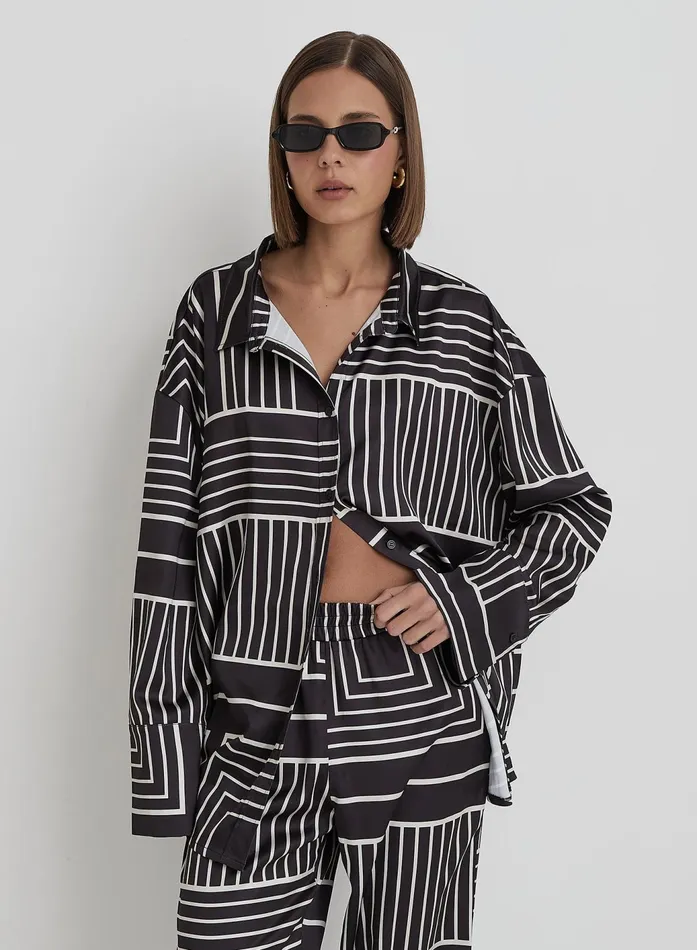 Women Black And Cream Abstract Print Oversized Satin Shirt Kora 4th and Reckless Tops Women Black And Cream Abstract Print Oversized Satin Shirt Kora 4th and Reckless Tops