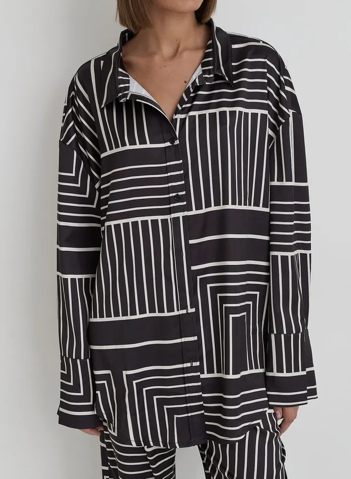 Women Black And Cream Abstract Print Oversized Satin Shirt Kora 4th and Reckless Tops