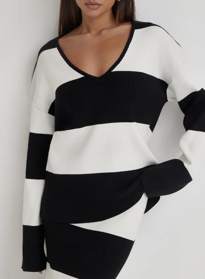 Women Black And Cream Stripe Knitted Jumper Jacqueline 4th and Reckless Knitwear