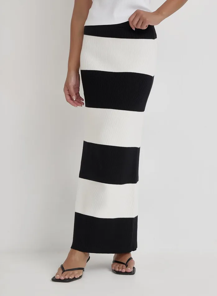 Women Black And Cream Stripe Knitted Maxi Skirt Jacqueline 4th and Reckless Knitwear