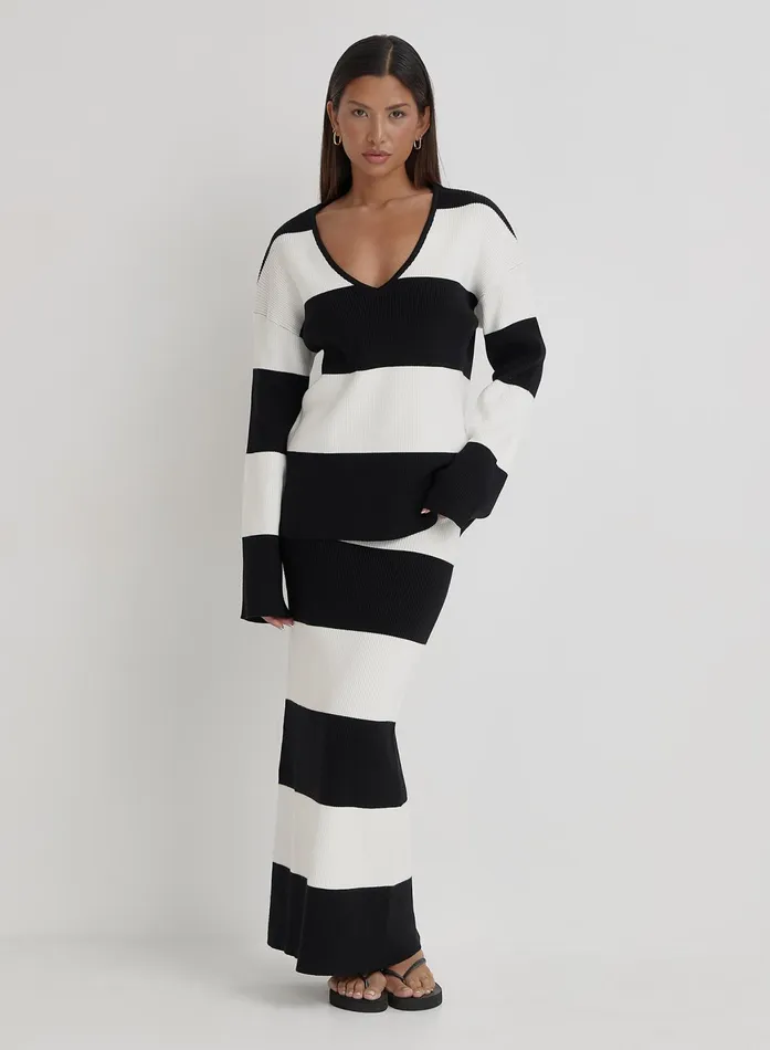 Women Black And Cream Stripe Knitted Maxi Skirt Jacqueline 4th and Reckless Knitwear